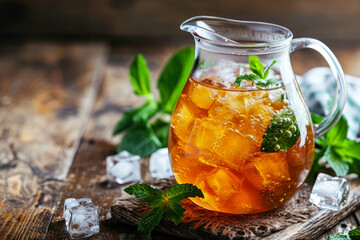 A jug of homemade iced tea with peppermint leaves and ice cubes - obrazy, fototapety, plakaty