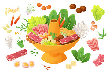 Chinese food, hot pot set. Steamboat full of gourmet pork and beef meat and vegetable ingredients collection, spicy sauce for cooking traditional dish of Reunion Dinner cartoon vector illustration