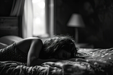 A woman crying in her bed while feeling lonely in black and white - obrazy, fototapety, plakaty
