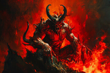 The Devil in hell with torturous fire coming from behind, an illustration