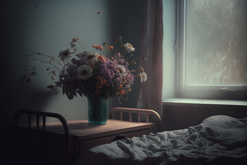 An empty hospital bed with dying flowers.  - obrazy, fototapety, plakaty