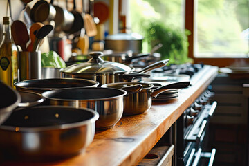 Pots and pans in the kitchen - obrazy, fototapety, plakaty