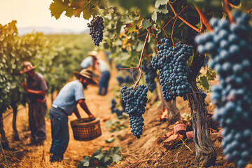 Workers working at a grape vintage at a vineyard