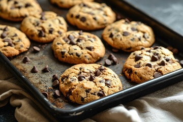 Tasty cookies with chocolate chips on a baking tray