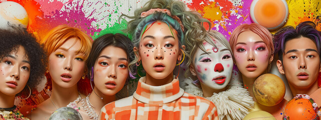 Whimsical Carnival, An Enchanting Gathering of Friends Bedecked in Colorful Clown Makeup