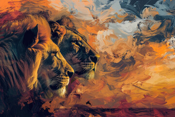 An illustration painting of two lions