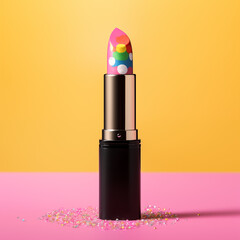 Lipstick pink on a  yelllow pink background,withh colorful candy colors,minimal summer make-up concept.