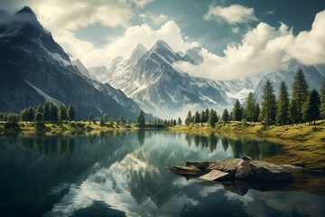 An image depicting a serene lake nestled among mountains. Generative AI
