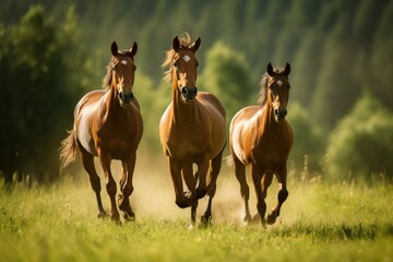 Energetic horses running freely in a green field. Generative AI