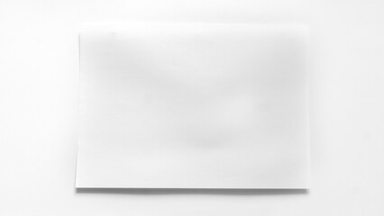 A white, flat sheet of white paper lies on a white background. White uncrumpled paper mockup. A...