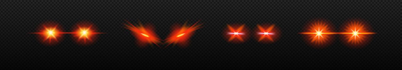 Laser glowing eyes set. Dangerous red light ferocious halloween evil and robot monsters with devil rays scary vector creatures - obrazy, fototapety, plakaty