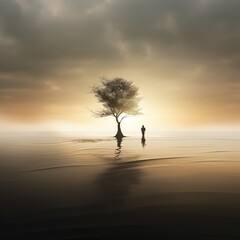 Man standing alone in a surreal flooded field with a tree