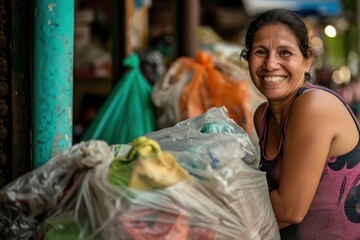 Woman Smiling Next to Garbage Pile