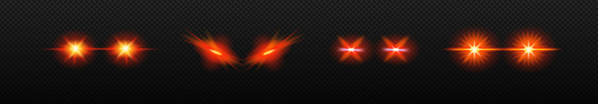 Laser glowing eyes set. Dangerous red light ferocious halloween evil and robot monsters with devil rays scary vector creatures