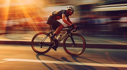 Fototapeta premium A dynamic shot capturing the speed and energy of a man on a racing bike, riding fast with a blurry background and sunlight flare, epitomizing the thrill of cycling