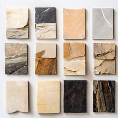 Thin samples of stone veneer showing its elasticity on a white background. Small pieces of stone for civil construction.