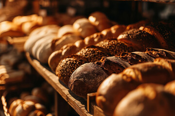 Different types of bread loaves on bakery shelves. Baker shop with rustic bread assortment....