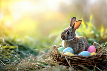 Fototapeta na wymiar Easter bunny with a basket of eggs. Happy Easter concept. Generative AI