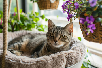 Cat in pet bed near a sunny window with hanging baskets of spring flowers. Generative AI