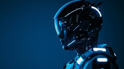 Ai robot on dark blur background with copy space for text. - obrazy, fototapety, plakaty