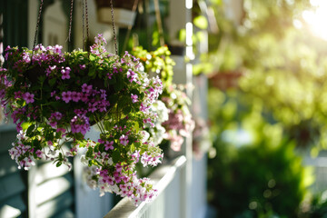 Fototapeta na wymiar Hanging baskets of blooming spring flowers. Generative AI