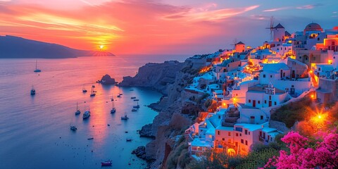 beautiful island in the evening with a ancient village, mediterranean sunset landscape with romantic lights