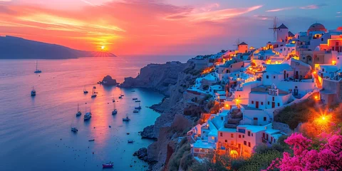 Foto auf Acrylglas Mittelmeereuropa beautiful island in the evening with a ancient village, mediterranean sunset landscape with romantic lights