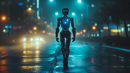 Android AI walking in the dark, embracing a retro-futuristic cyberpunk style