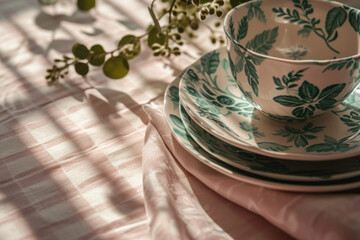 Home spring decor. Set of pink and green patterned tableware. Generative AI