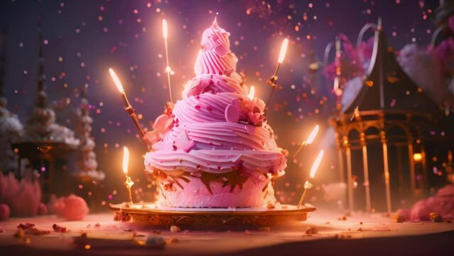A decorated pink cake crowned with shining glowing burning sparklers and candy with lit candles