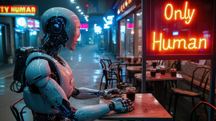 Humanoid robot sits in front of neon sign Only Human in street cafe, dark grungy alley of cyberpunk city. Concept of dystopia, restriction, discrimination, AI technology and future