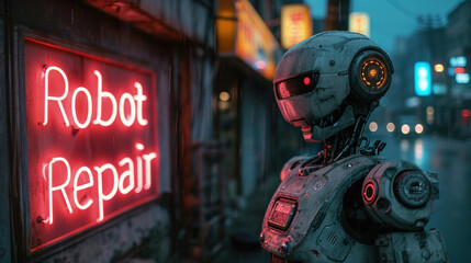 Humanoid AI robot looks at Robot Repair workshop on city street at night, dark cyberpunk alley with purple and red light of neon signs. Concept of dystopia, technology and future