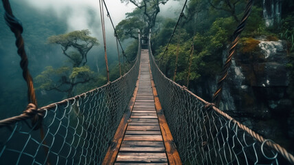 Old suspension wooden bridge in tropical forest, vintage wood footbridge and mist in jungle. Scene like in adventure movie. Concept of travel, journey, lost world, nature