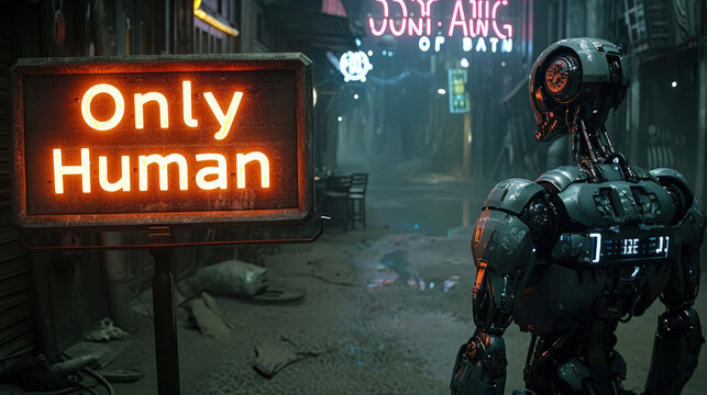 Humanoid robot stands on cyberpunk city street in front of neon sign Only Human, dark grungy alley with low light. Concept of dystopia, restriction, AI technology and future