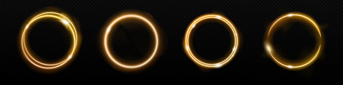 Neon golden circle vector glowing frame. Glow yellow light ring lamp vector