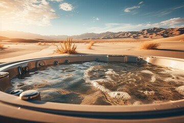 round luxury tub, bath, jacuzzi is in the middle of a desert with sand dunes, sunlight - obrazy, fototapety, plakaty