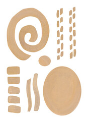 Free strokes and figures in gouache. Set of isolated golden ocher color elements
