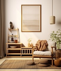 A wooden chair and a shelf in a room with a cream wall