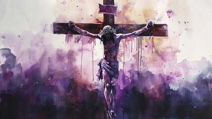illustration of Jesus crucified on the cross with white background and many colors