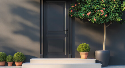 Black front door, front door of a house adorned potted plants. Front door, black front door	 - obrazy, fototapety, plakaty