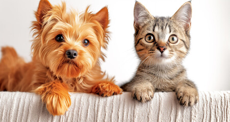Portrait of a dog and a cat looking at the camera on a soft white pillow. A kitten and a puppy together at home. Animal care. Love and friendship. Domestic animals.
