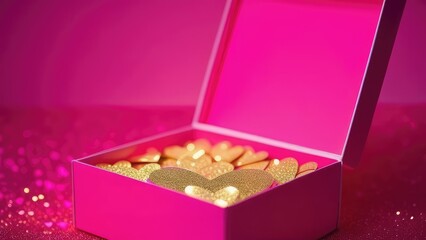 Pink gift box on a pink background with gold hearts. Concept for valentine's day, mother's day, 8th march, birthday