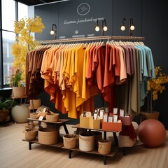 Gradient Clothing Display with Baskets and Plants