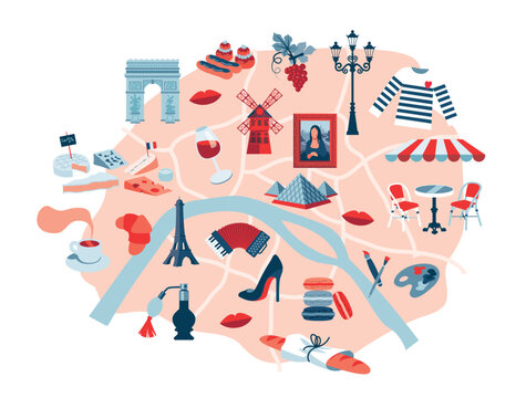 City map of Paris, France capitale. Big bundle collection of parisian clich&eacute;. French and parisian Symbols on a map. Vector illustration, separated items.
