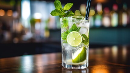 Cold Mojito cocktail with lime and lemon, ice cubes and mint. cool alcoholic drink with lemon and lime in a glass - Powered by Adobe