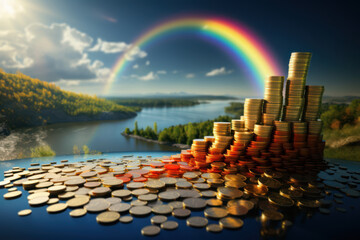 Obraz premium An optimistic scene of a financial rainbow arching over a landscape of investment opportunities, conveying the positive and colorful aspects of diversified portfolios. Generative Ai.