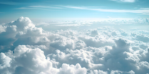 Image of white beautiful clouds above a blue sky in style of realistic atmospheres with soft and dreamy scene, aerial view