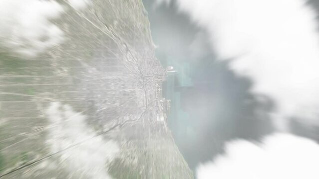 Earth zoom in from space to Chicago, United States. Followed by zoom out through clouds and atmosphere into space. Satellite view. Travel intro. Images from NASA