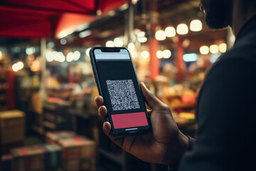 A close-up shot of a market vendor scanning a customer's loyalty app for a discount during checkout, highlighting the dual functionality of electronic payment apps.  Generative Ai.