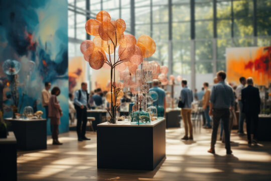 An artistic rendering of a local art fair where attendees purchase artworks using blockchain-based payments, highlighting the integration of secure and transparent transactions. Generative Ai.